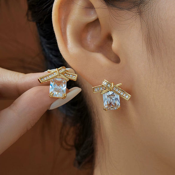 Wholesale Copper Bow Square Geometric Electroplated Earrings For Women