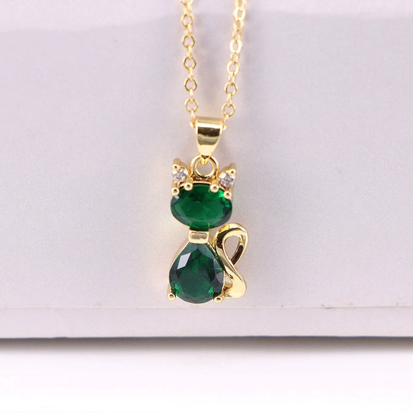 Wholesale Copper Cartoon Animals Geometric Mixed Gem Inlay Water Wave Chain Cat Necklace With Electroplating