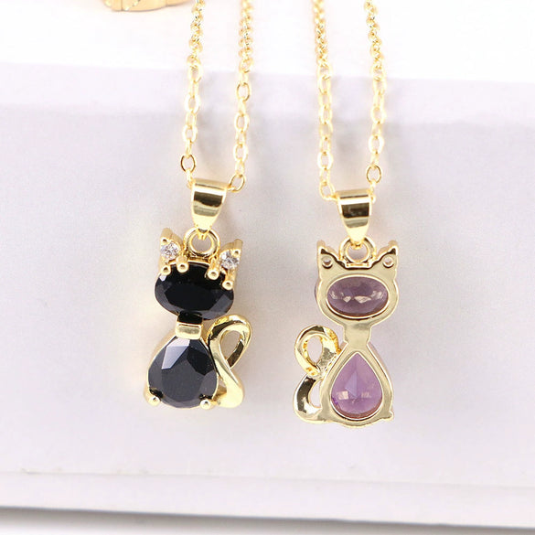 Wholesale Copper Cartoon Animals Geometric Mixed Gem Inlay Water Wave Chain Cat Necklace With Electroplating