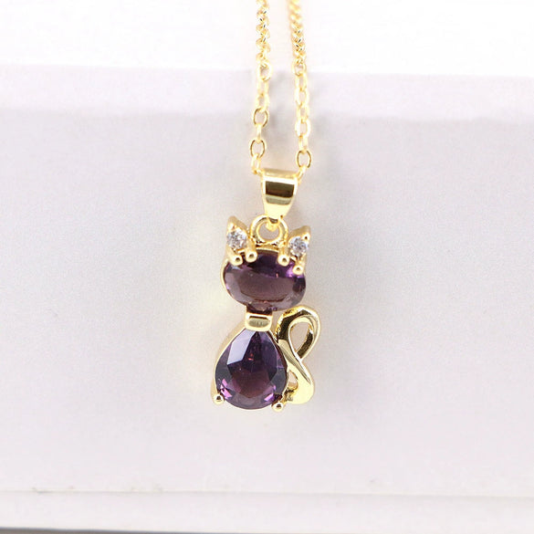 Wholesale Copper Cartoon Animals Geometric Mixed Gem Inlay Water Wave Chain Cat Necklace With Electroplating