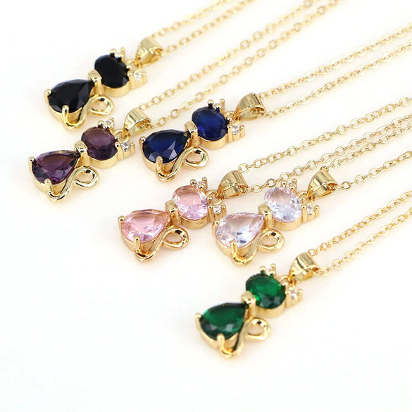 Wholesale Copper Cartoon Animals Geometric Mixed Gem Inlay Water Wave Chain Cat Necklace With Electroplating