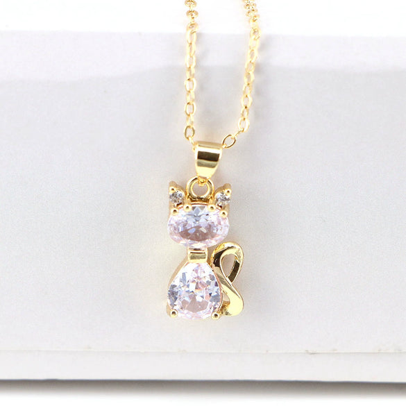 Wholesale Copper Cartoon Animals Geometric Mixed Gem Inlay Water Wave Chain Cat Necklace With Electroplating