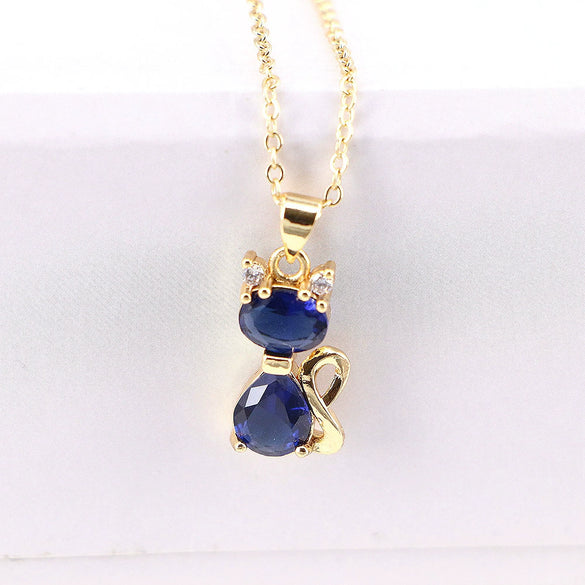 Wholesale Copper Cartoon Animals Geometric Mixed Gem Inlay Water Wave Chain Cat Necklace With Electroplating