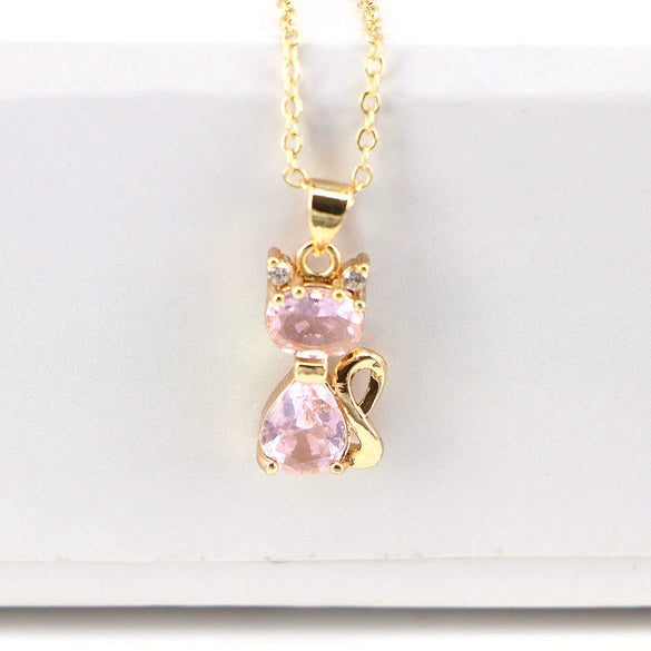 Wholesale Copper Cartoon Animals Geometric Mixed Gem Inlay Water Wave Chain Cat Necklace With Electroplating