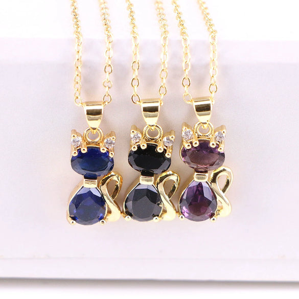 Wholesale Copper Cartoon Animals Geometric Mixed Gem Inlay Water Wave Chain Cat Necklace With Electroplating