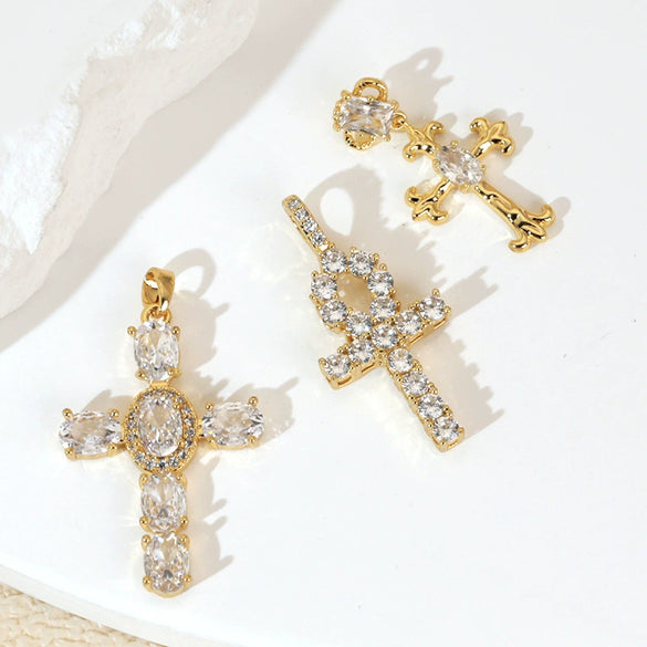 Wholesale Copper Cross Necklace Pendant With Geometric Letters Numbers Text Pattern And Zirconia Design