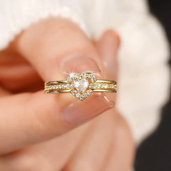 Wholesale Copper Double Peach Heart Geometric Style Ring For Women Inlaid With Zircon
