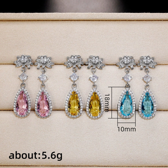 Wholesale Copper Drop Pear Shaped Flower Simulation Diamond Earrings