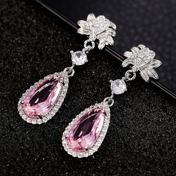 Wholesale Copper Drop Pear Shaped Flower Simulation Diamond Earrings