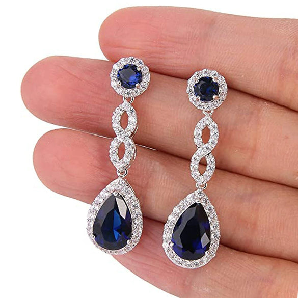 Wholesale Copper Drop Shape Microinlaid Sapphire Blue Zircon Earrings