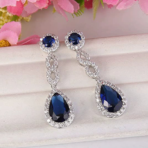 Wholesale Copper Drop Shape Microinlaid Sapphire Blue Zircon Earrings
