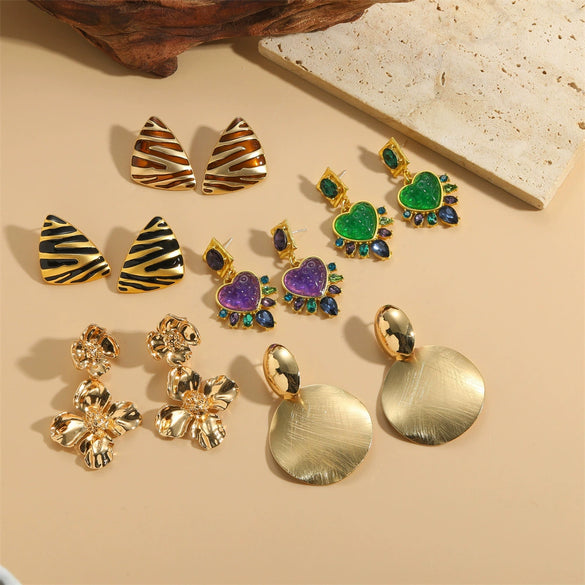 Wholesale Copper Earrings Geometric Zebra Pattern Oil Dripping Wafer Brushed Metal Electroplated Design