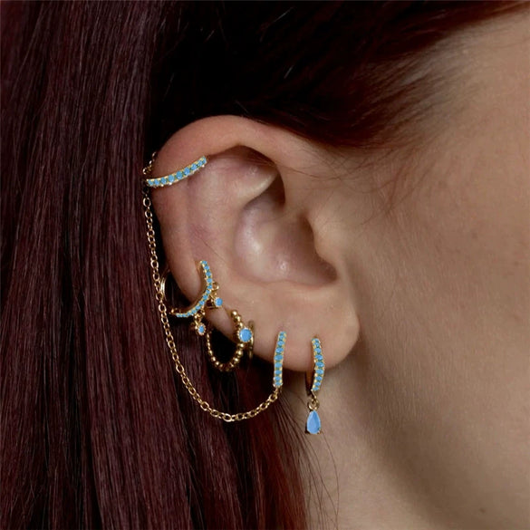 Wholesale Copper Earrings Set With Stacked Chain Tassel Ear Buckle And Ear Clip Geometric Design Electroplated