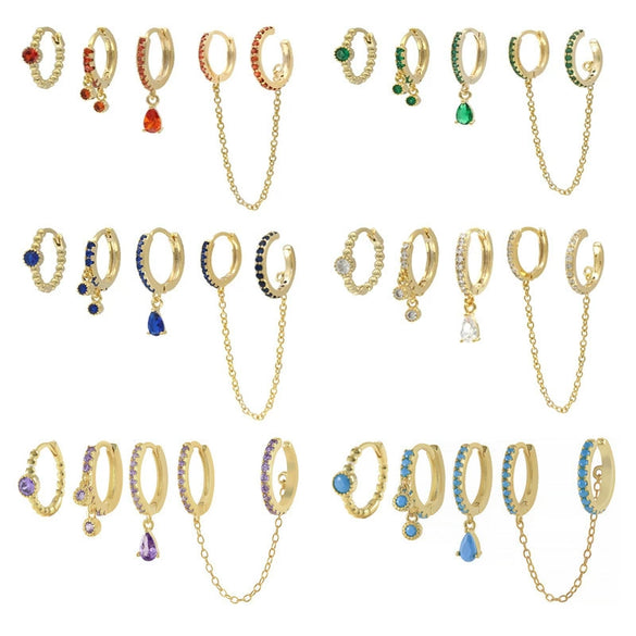Wholesale Copper Earrings Set With Stacked Chain Tassel Ear Buckle And Ear Clip Geometric Design Electroplated