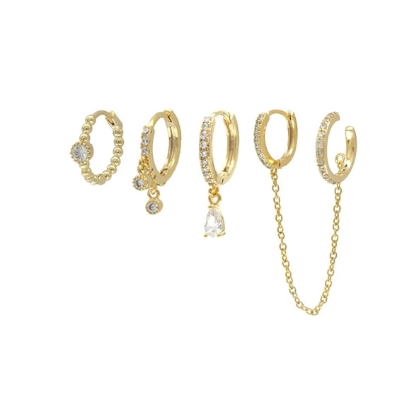 Wholesale Copper Earrings Set With Stacked Chain Tassel Ear Buckle And Ear Clip Geometric Design Electroplated