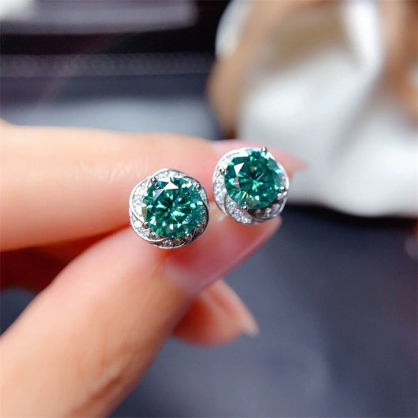 Wholesale Copper Earrings With Geometric Style And Flower Pattern Imitation Maldives Bluegreen Zircon
