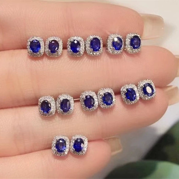 Wholesale Copper Earrings With Oval Sapphire Blue Zircon Retro Elegant Geometric Style Electroplated For Women