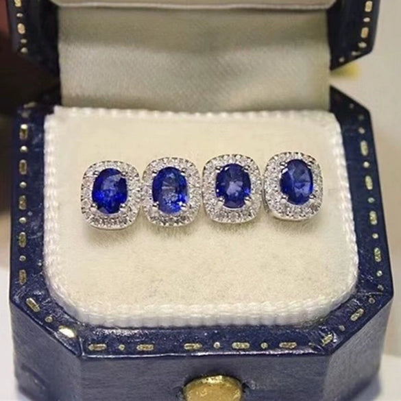 Wholesale Copper Earrings With Oval Sapphire Blue Zircon Retro Elegant Geometric Style Electroplated For Women