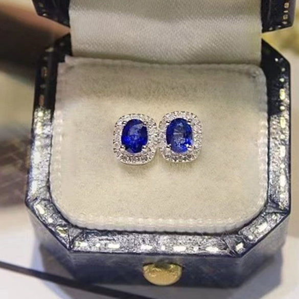 Wholesale Copper Earrings With Oval Sapphire Blue Zircon Retro Elegant Geometric Style Electroplated For Women