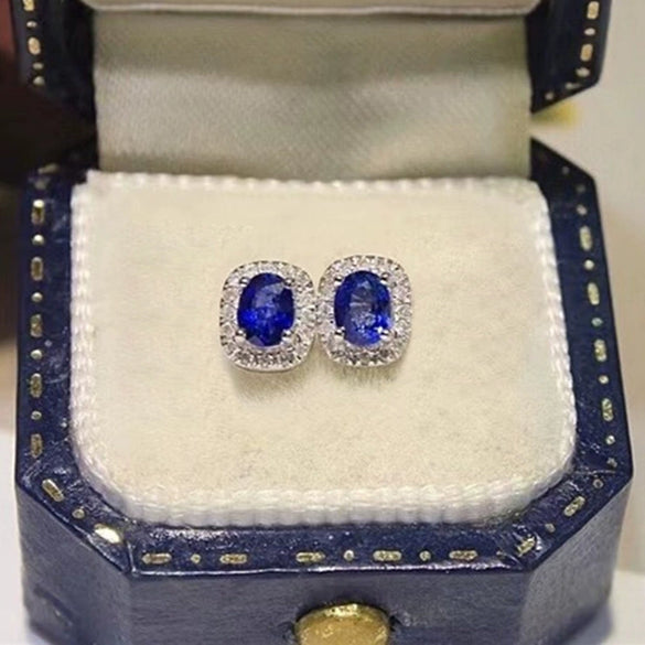 Wholesale Copper Earrings With Oval Sapphire Blue Zircon Retro Elegant Geometric Style Electroplated For Women