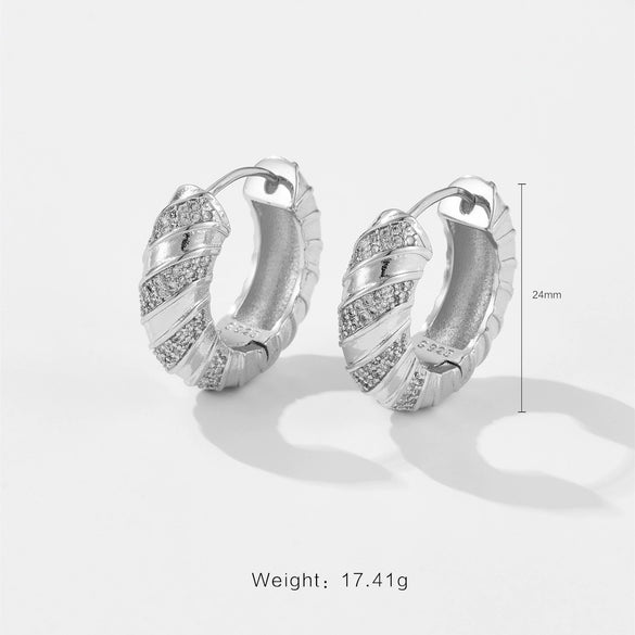 Wholesale Copper Earrings With Roll Wave Pattern Electroplated With Platinum And 18K Gold Set With Zircon Simple Allmatch Light Luxury Elegant Niche Design