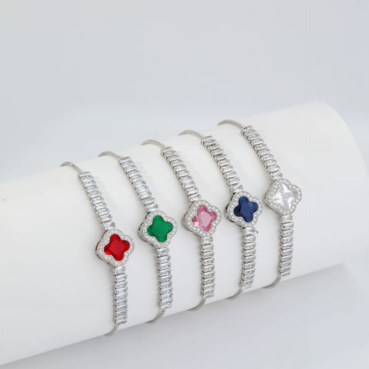 Wholesale Copper Electroplated Fourleaf Clover And Rhombus Pattern Women's Zircon Bracelet Hand Jewelry