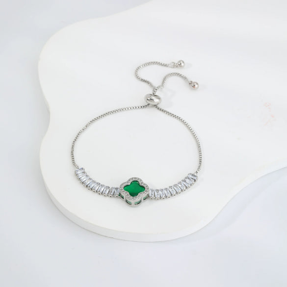 Wholesale Copper Electroplated Fourleaf Clover And Rhombus Pattern Women's Zircon Bracelet Hand Jewelry