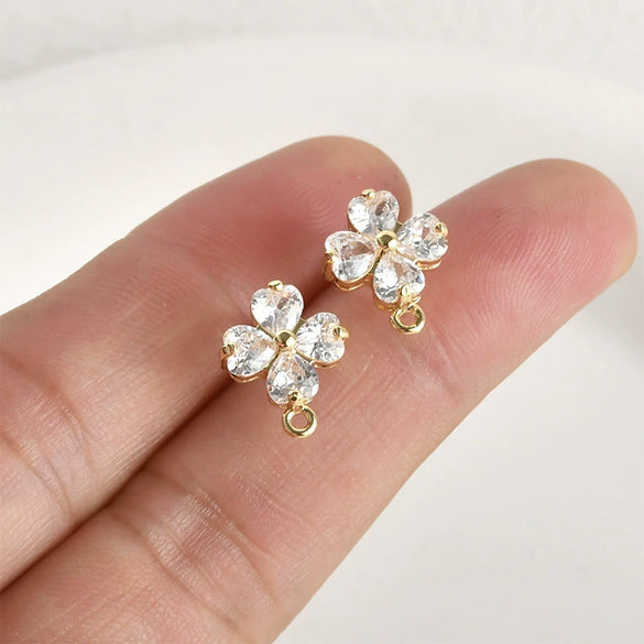 Wholesale Copper Electroplated Fourleaf Flower Shining Zircon Hanging Earrings Diy Handmade Earrings Accessories Material
