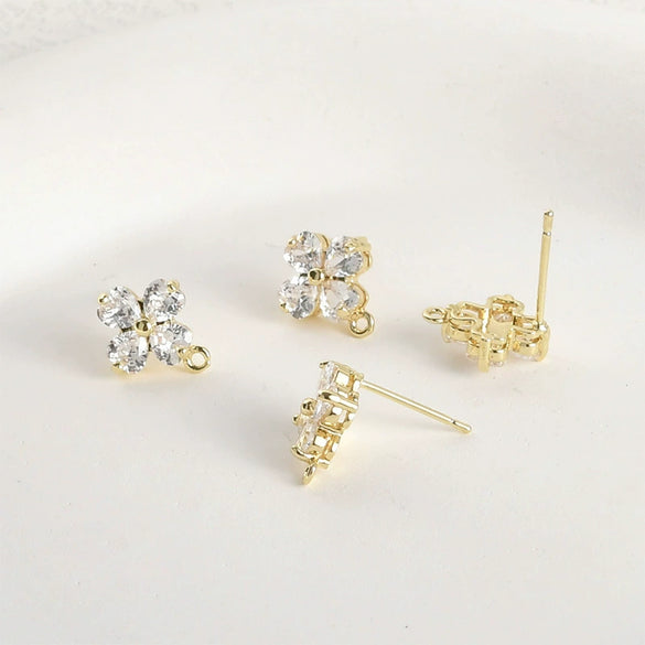 Wholesale Copper Electroplated Fourleaf Flower Shining Zircon Hanging Earrings Diy Handmade Earrings Accessories Material