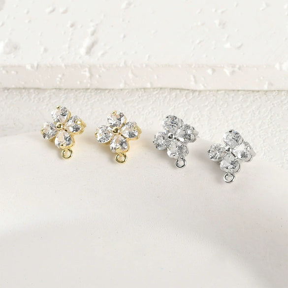 Wholesale Copper Electroplated Fourleaf Flower Shining Zircon Hanging Earrings Diy Handmade Earrings Accessories Material
