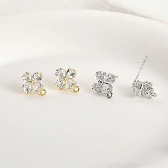 Wholesale Copper Electroplated Fourleaf Flower Shining Zircon Hanging Earrings Diy Handmade Earrings Accessories Material