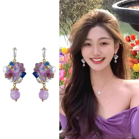 Wholesale Copper Elegant Flower Crystal Set Women's Earrings