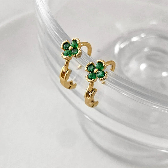 Wholesale Copper Emerald Four Leaf Clover Geometric Natural Style Diamond Inlaid Earrings For Girls