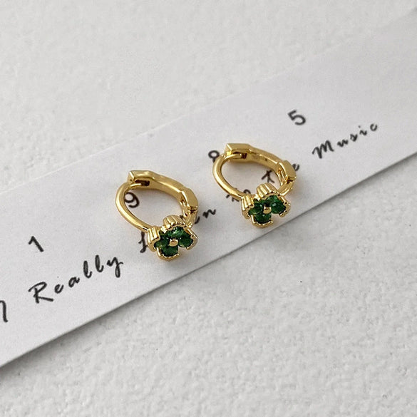 Wholesale Copper Emerald Four Leaf Clover Geometric Natural Style Diamond Inlaid Earrings For Girls