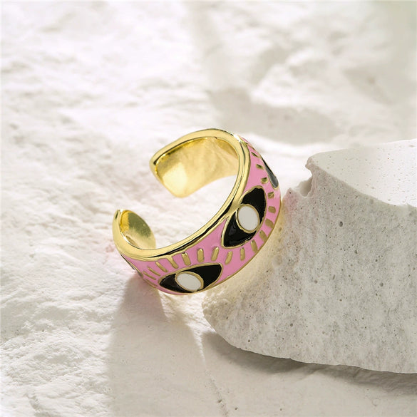 Wholesale Copper Eye Shape Geometric Open Ring For Women With Oil Dripping And Micro Inlay