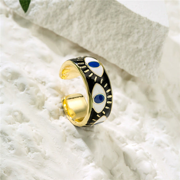 Wholesale Copper Eye Shape Geometric Open Ring For Women With Oil Dripping And Micro Inlay