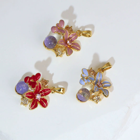 Wholesale Copper Flower Petal Oil Drop Pendant Necklace Retro Design Microinlaid Electroplated For Women
