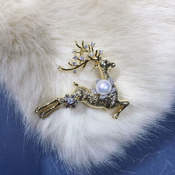Wholesale Copper Fresh Water Pearl Deer Brooch Italian Craft Fashion Women's Jewelry