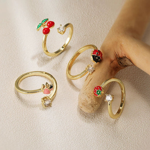 Wholesale Copper Fruit And Insect Pattern Dripping Oil Style Women's Ring