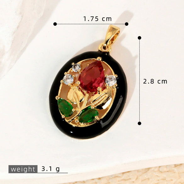 Wholesale Copper Geometric And Flower Patterned Dripping Oil Style Oval Hollow Garden Earrings Pendant