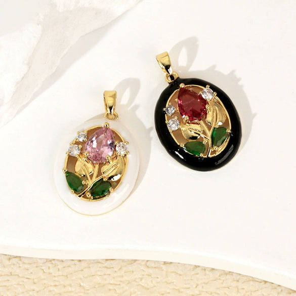 Wholesale Copper Geometric And Flower Patterned Dripping Oil Style Oval Hollow Garden Earrings Pendant