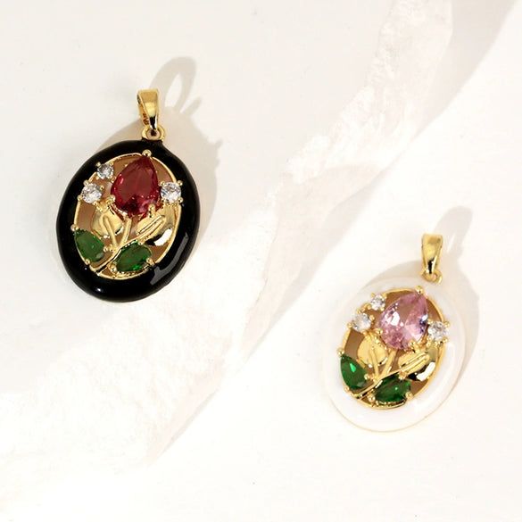 Wholesale Copper Geometric And Flower Patterned Dripping Oil Style Oval Hollow Garden Earrings Pendant
