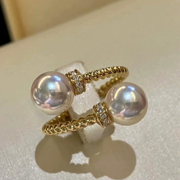 Wholesale Copper Geometric Double Bead Adjustable Ring Set With Pearls For Women
