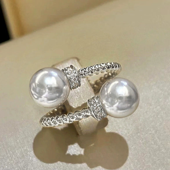 Wholesale Copper Geometric Double Bead Adjustable Ring Set With Pearls For Women