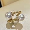 Wholesale Copper Geometric Double Bead Adjustable Ring Set With Pearls For Women