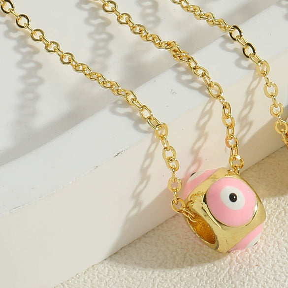Wholesale Copper Geometric Dripping Oil Devil's Eye Pendant Necklace With Mixed Gem Inlay For Women