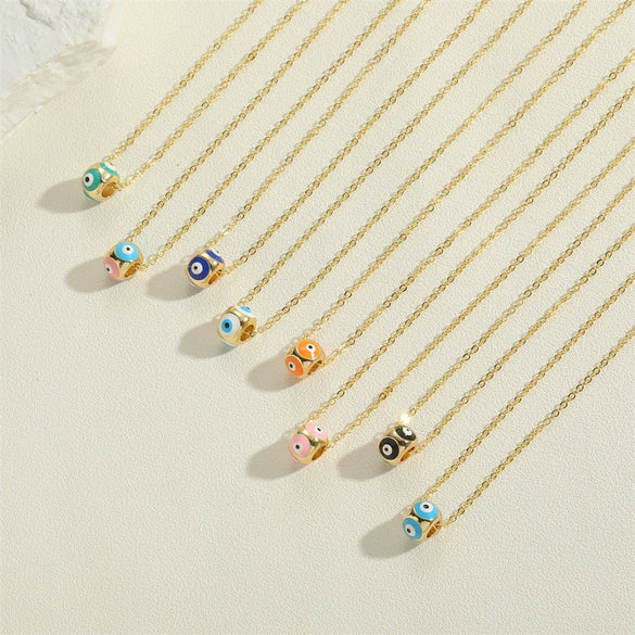 Wholesale Copper Geometric Dripping Oil Devil's Eye Pendant Necklace With Mixed Gem Inlay For Women
