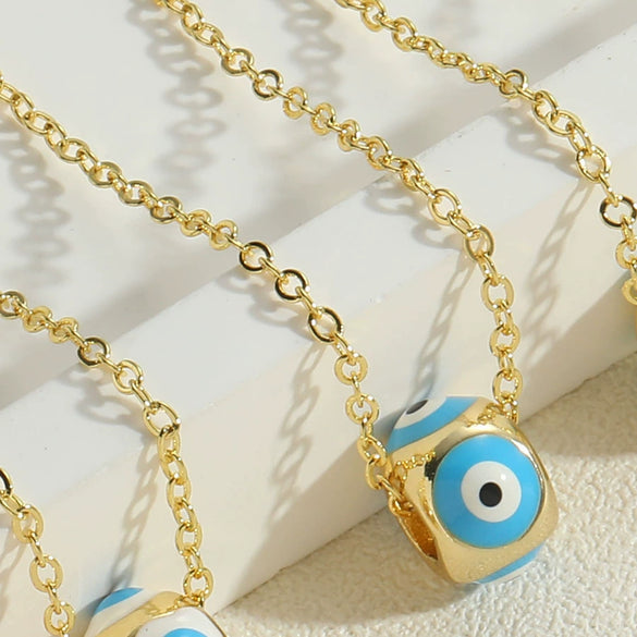 Wholesale Copper Geometric Dripping Oil Devil's Eye Pendant Necklace With Mixed Gem Inlay For Women