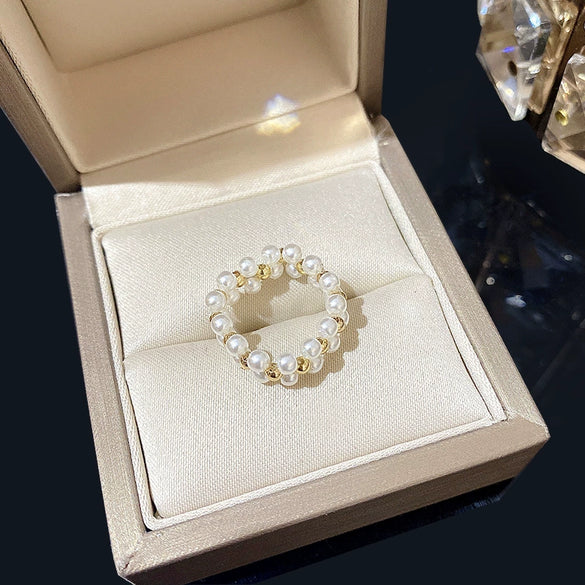 Wholesale Copper Geometric Electroplating Elastic Rope Pearl Women's Ring Retro Simple Hand Jewelry