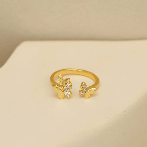 Wholesale Copper Geometric Fishtail Butterfly Opening Ring For Women 14K Gold Plated With Zircon